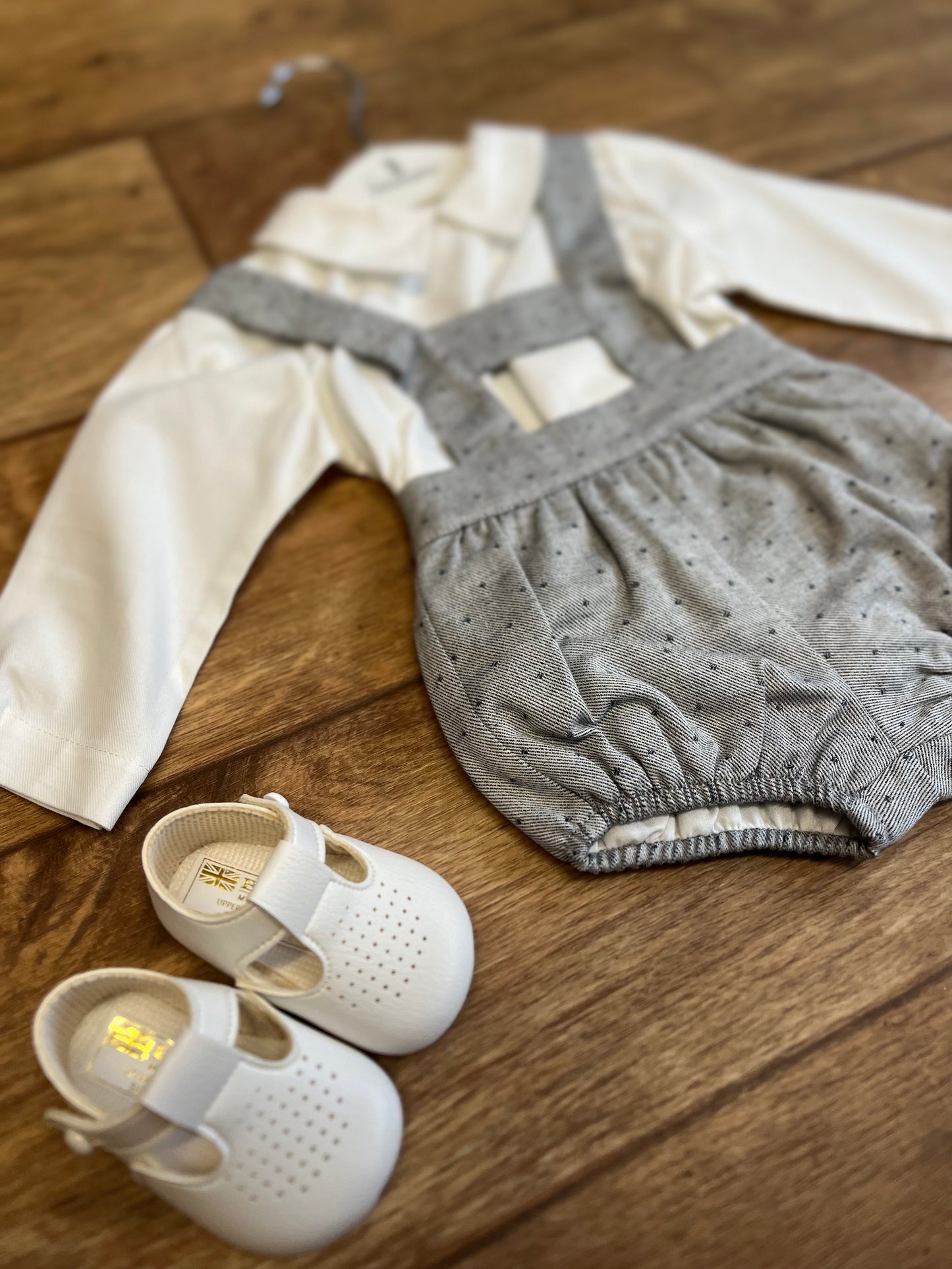 Grey Dungaree Romper with White Shirt