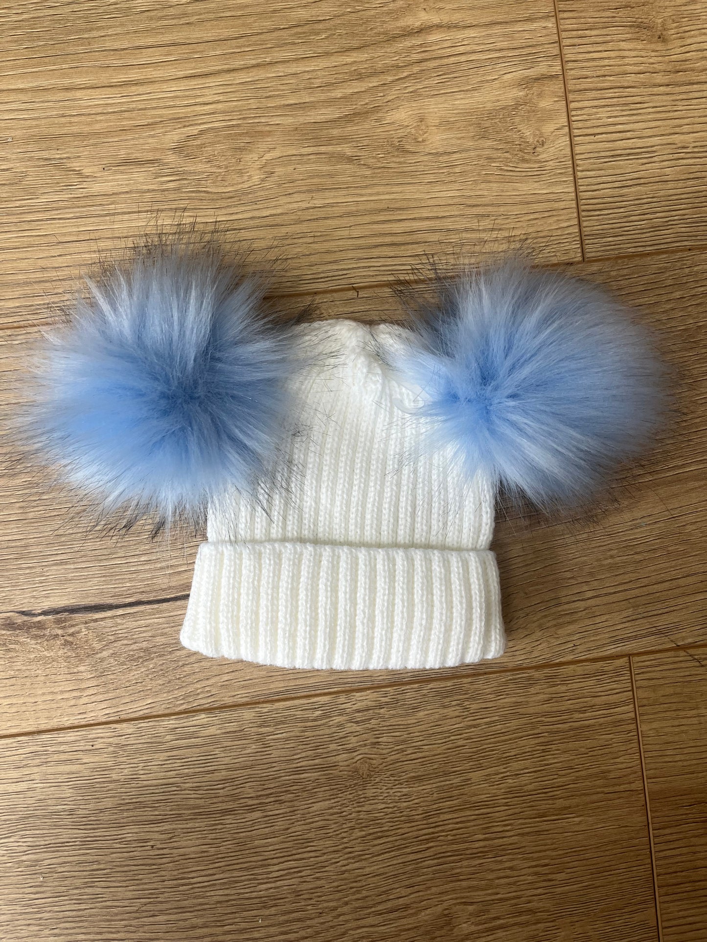 White / Blue Double Pom Pom Hat - 0-12M