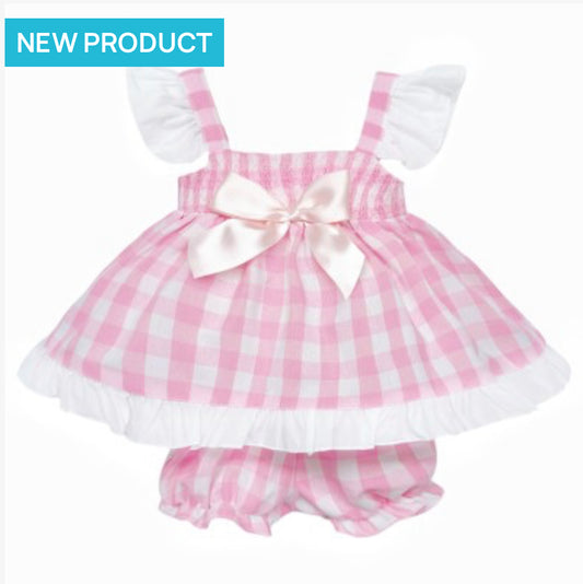 BABY GIRL SMOCKED PINK CHECKED SUN DRESS WITH KNICKERS