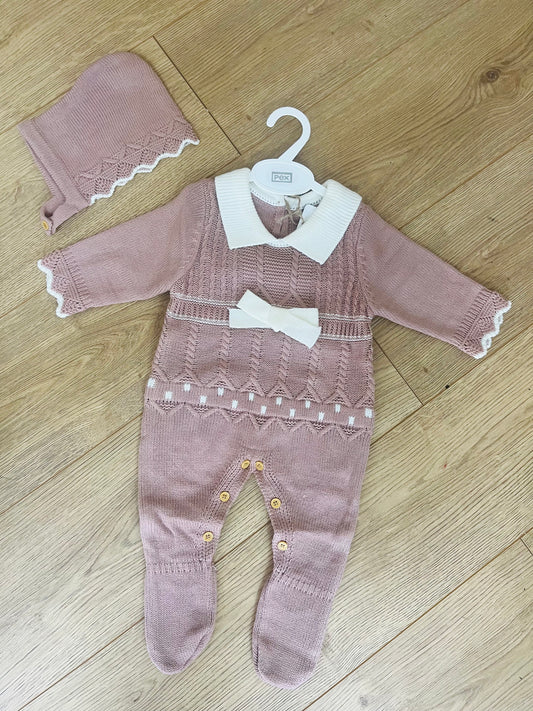 Dusky Pink Knitted Romper & Bonnet