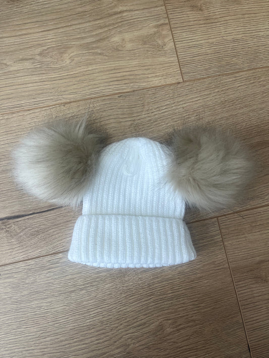 White / Beige Double Pom Pom Hat - 0-12M