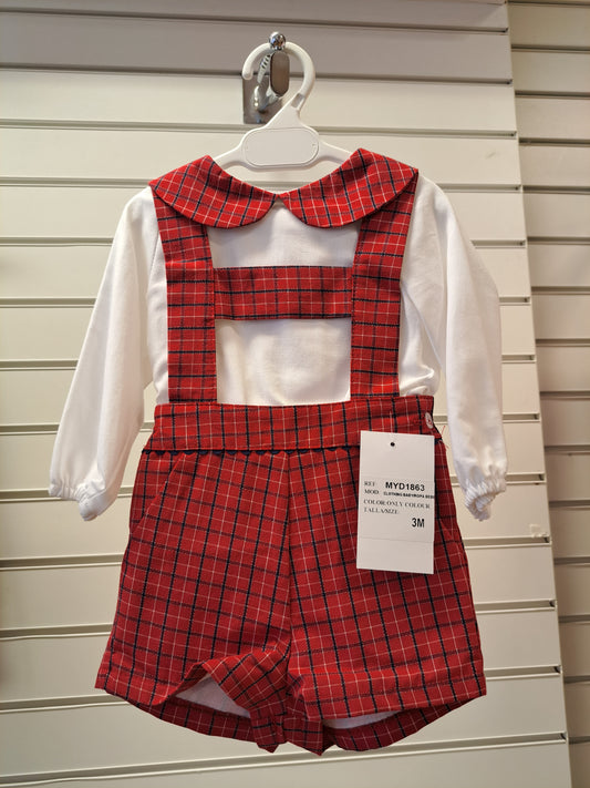 Red tartan dungaree shorts and white shirt