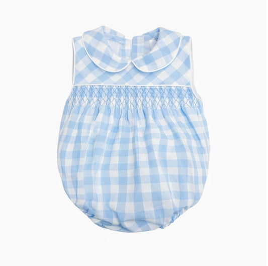 Baby Unisex Blue Smock Checked Romper