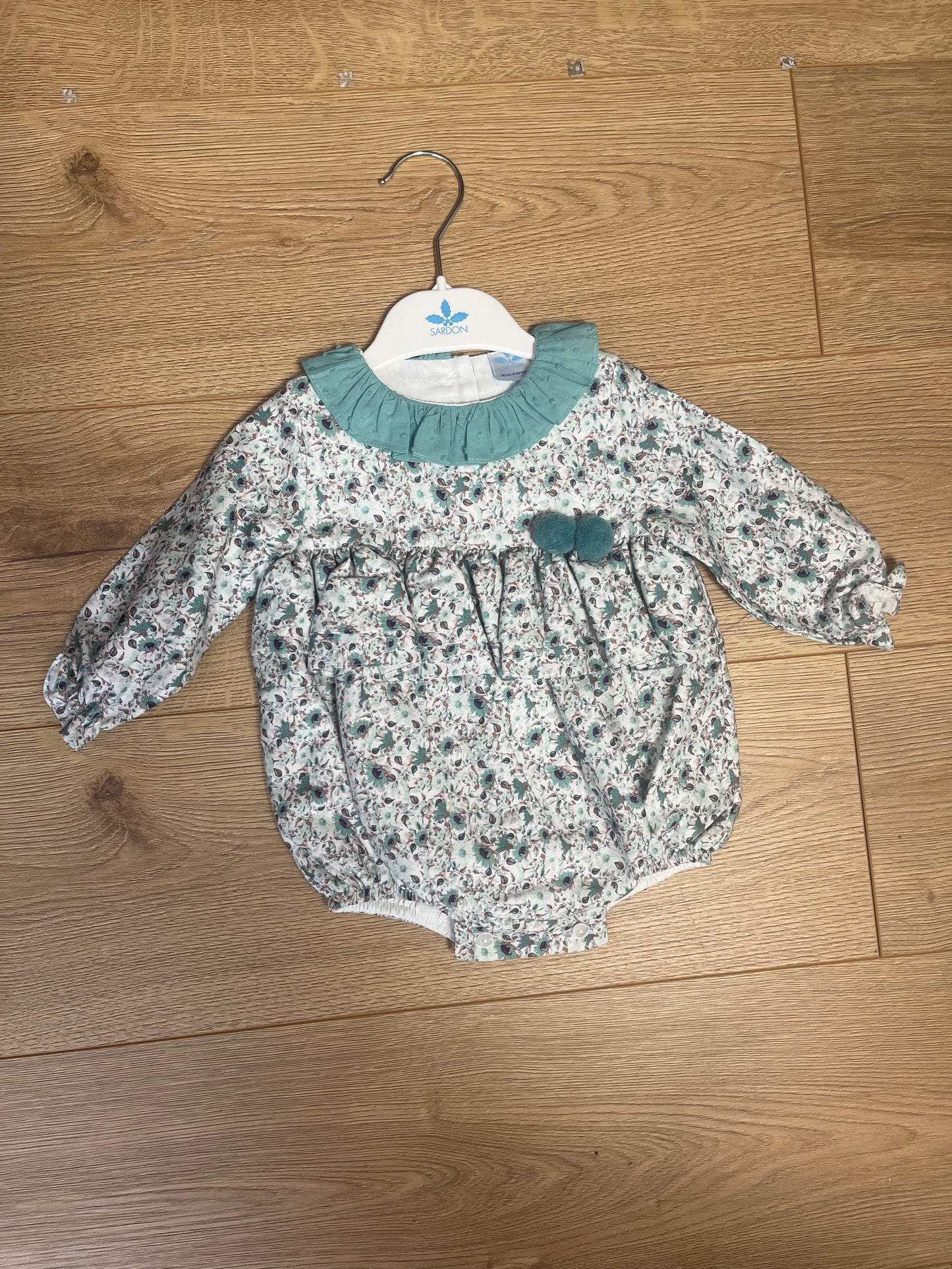Teal Floral Long Sleeve Puffball Romper