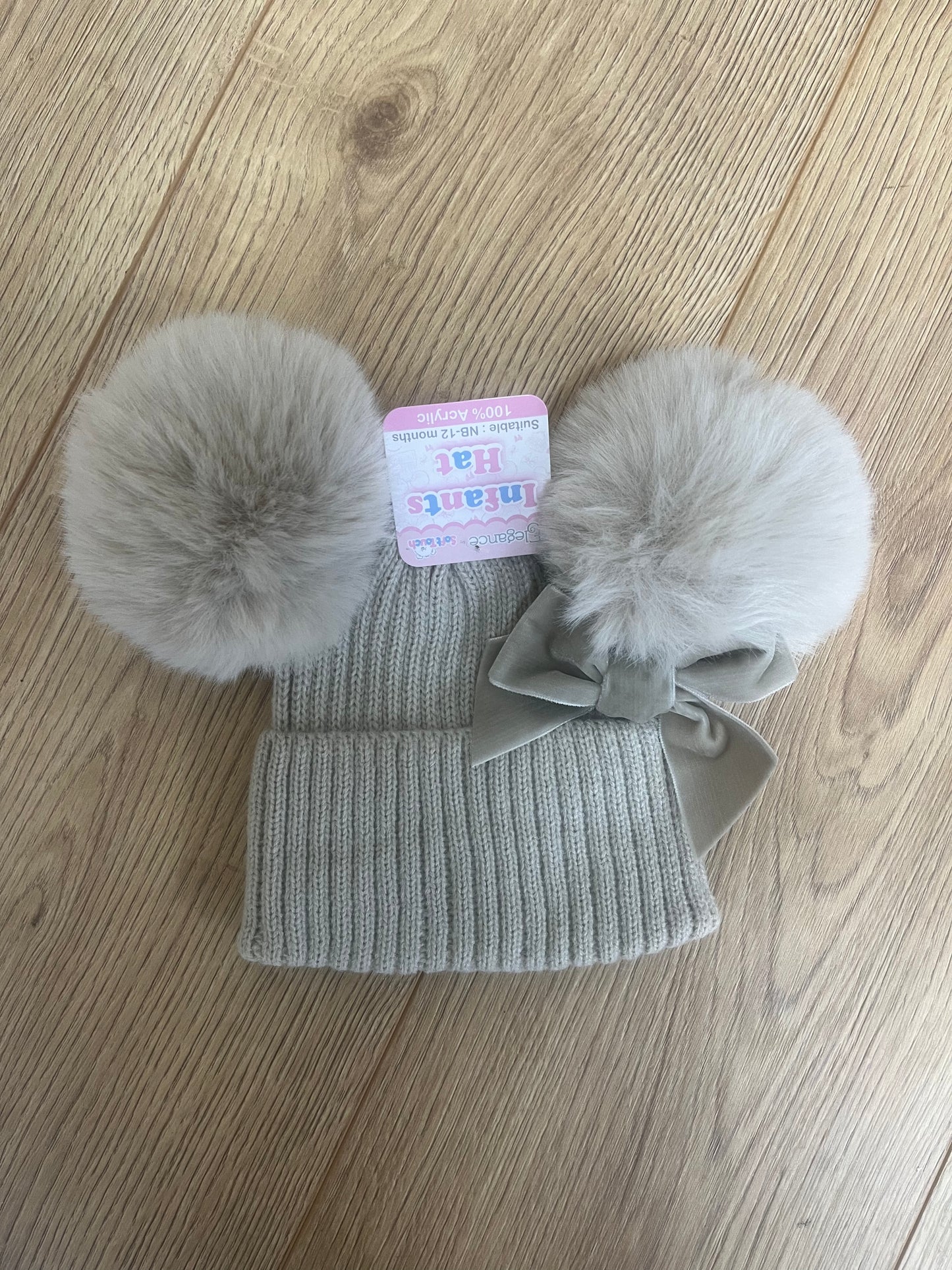 Beige Double Pom Pom Hat with Bow - NB - 12M