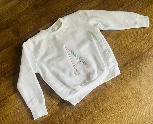 White Sweatshirt with Floral Initial Embroidery