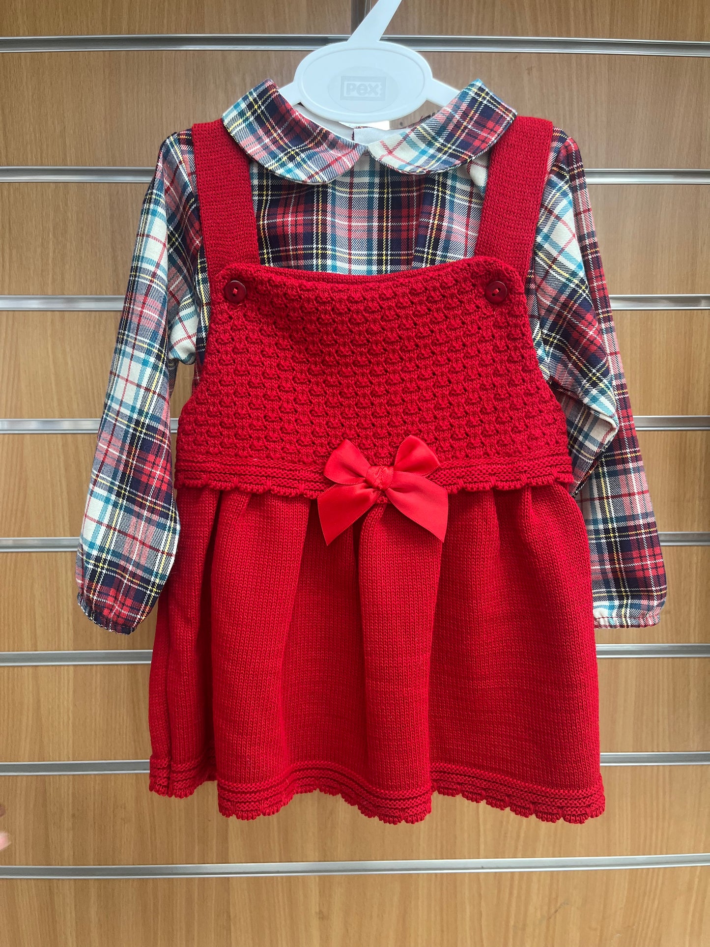 Red Knitted Dress with Cream and Red Tartan Shirt