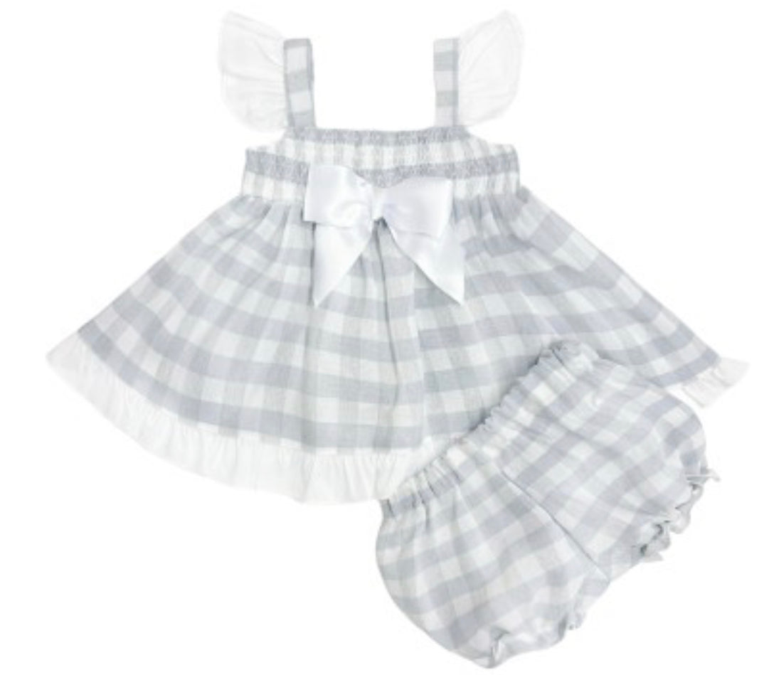 SMOCKED GREY CHECKED SUN DRESS WITH KNICKERS