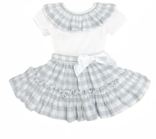 GREY SMOCKED CHECKED SKIRT WITH TOP
