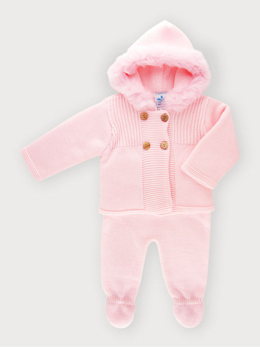 Baby Pink Knitted Faux Fur Hooded Jacket & Pants