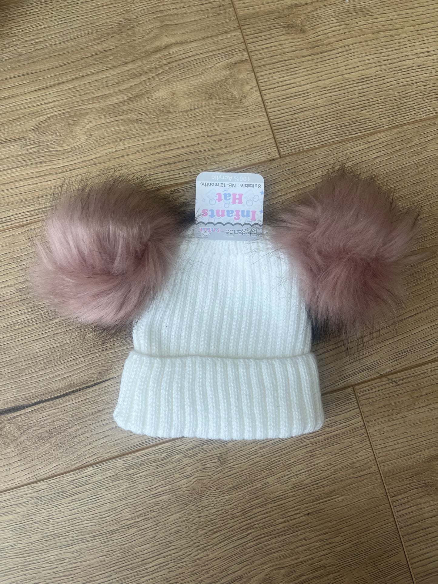 White / Rose Gold Double Pom Pom Hat - 0-12M