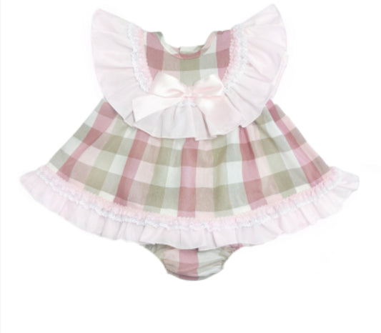 BABY GIRL PINK CHECKED COTTON PUFF BALL DRESS WITH PANTS