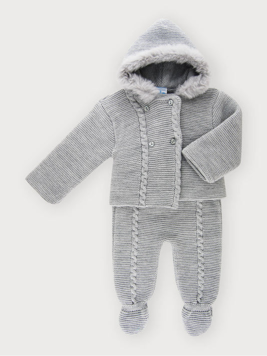 Grey Knitted Faux Fur Hooded Jacket & Pants