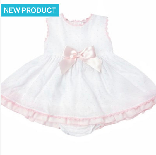 BABY GIRL WHITE COTTON DRESS PINK DETAIL WITH PANTS