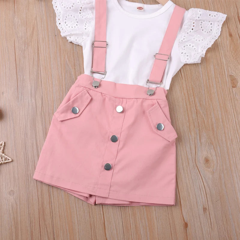 Pink Dungaree Skirt and Tshirt Set