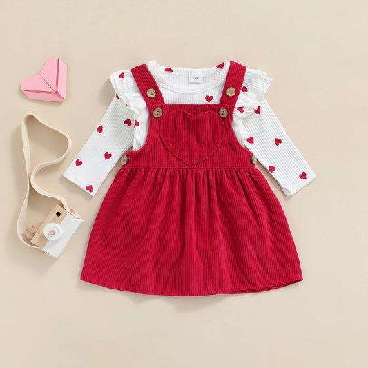 Heart Print Romper & Corduroy Dungaree Dress