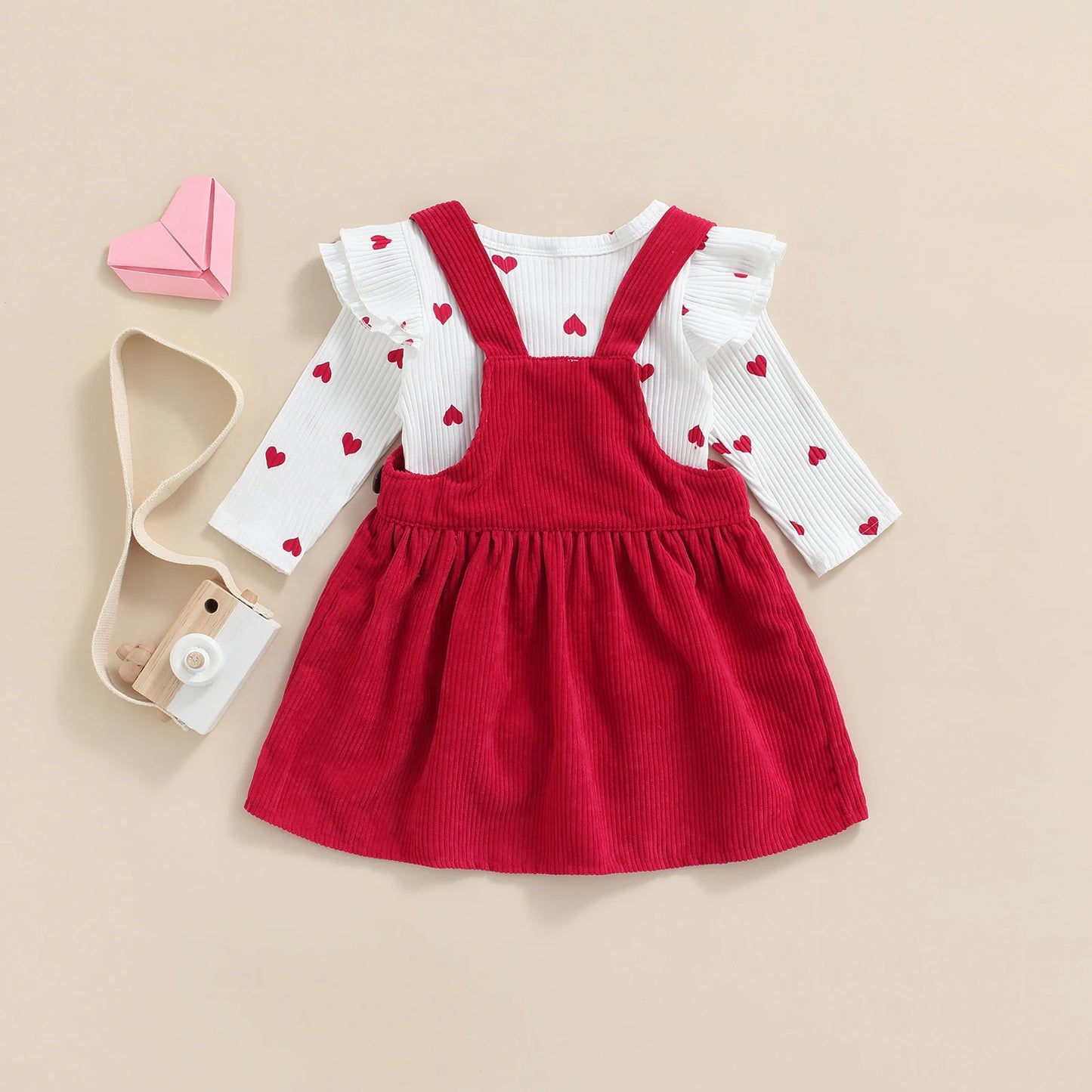 Heart Print Romper & Corduroy Dungaree Dress