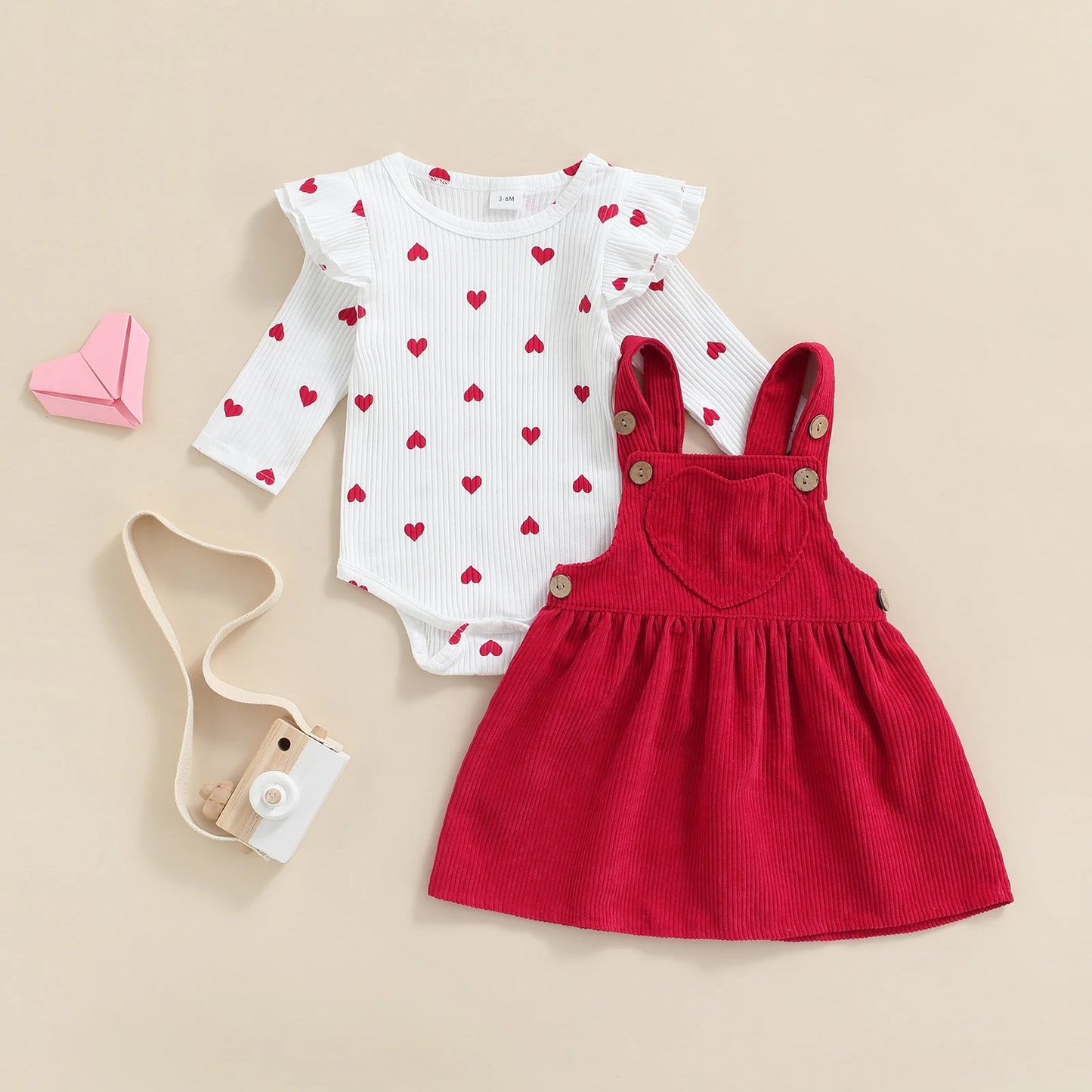 Heart Print Romper & Corduroy Dungaree Dress