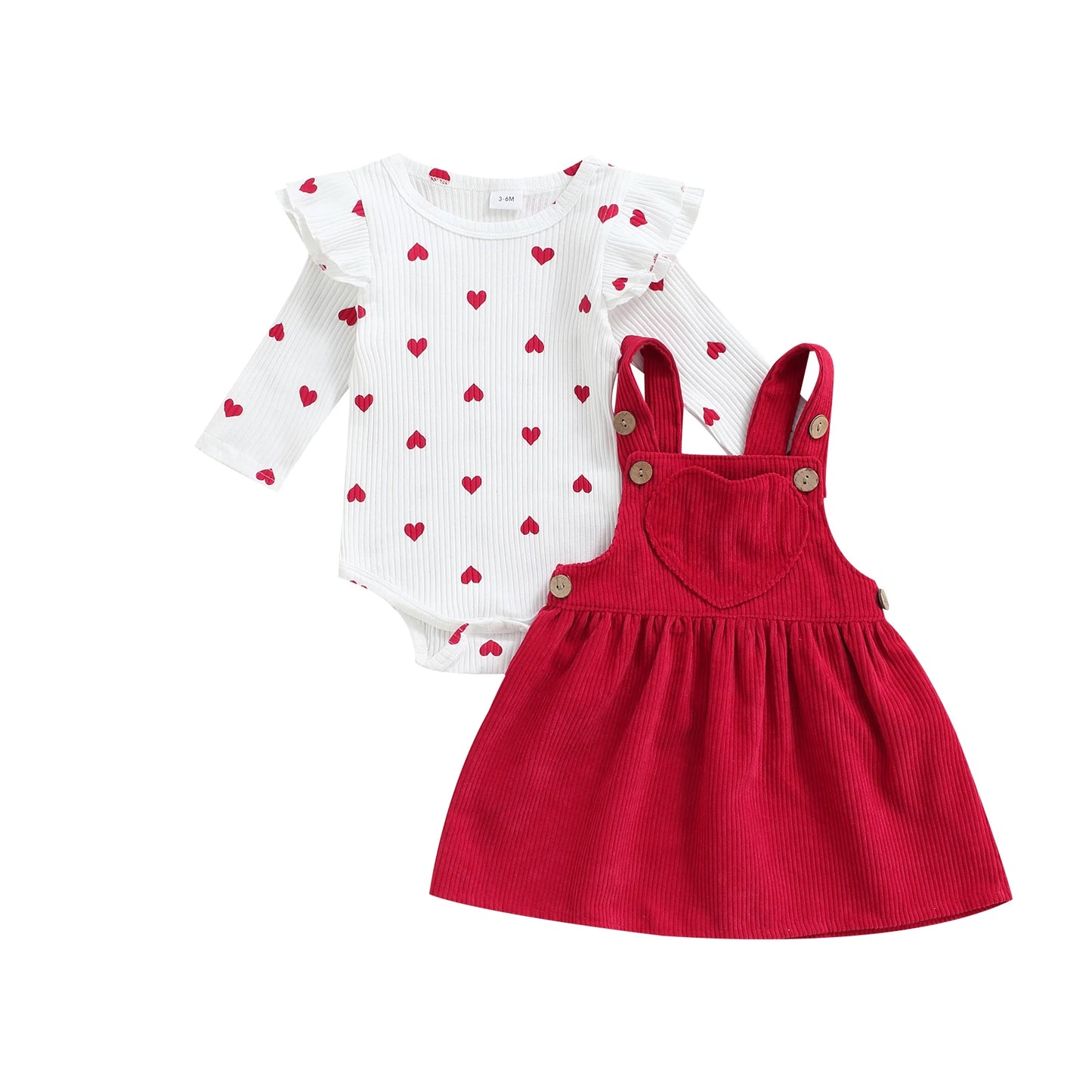 Heart Print Romper & Corduroy Dungaree Dress