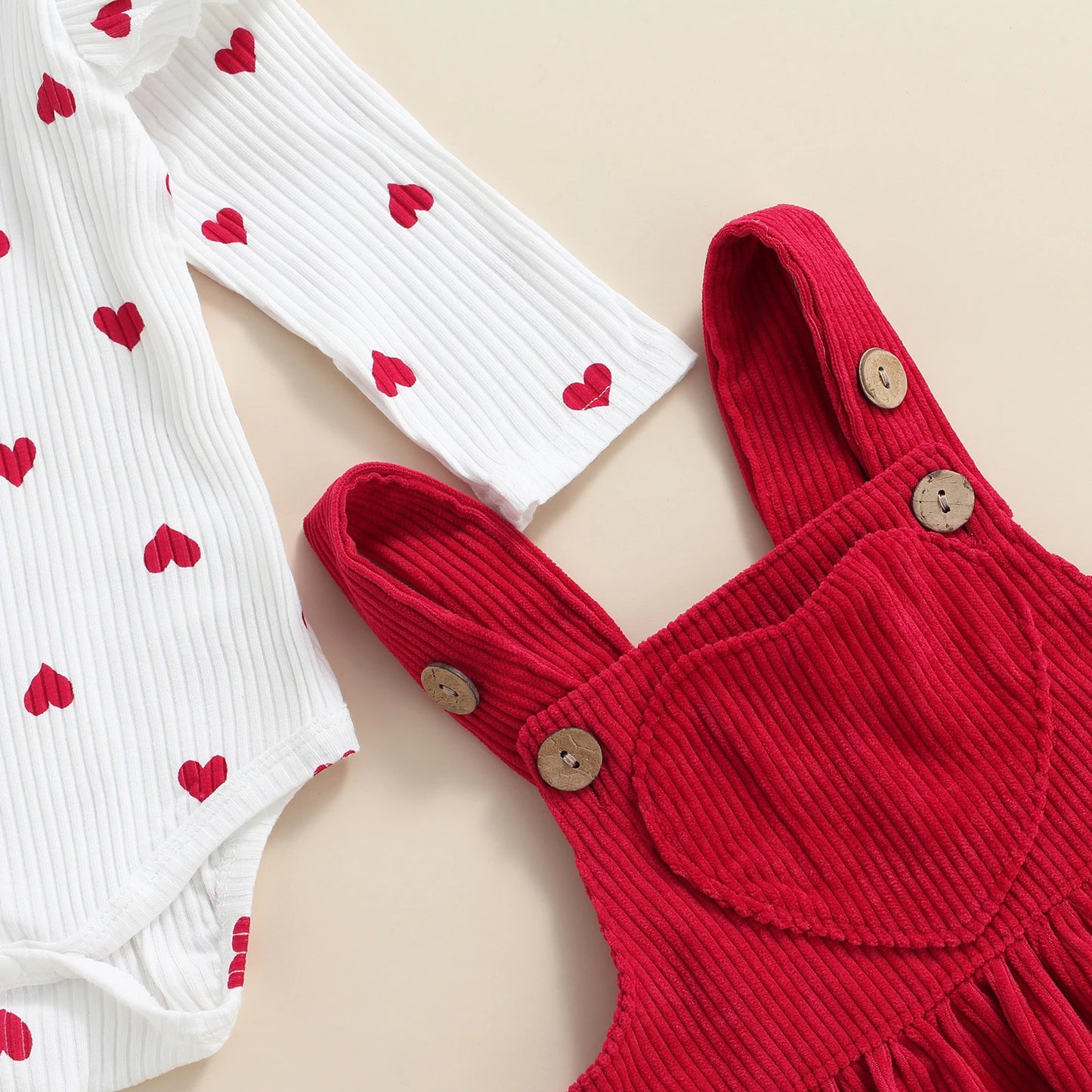 Heart Print Romper & Corduroy Dungaree Dress