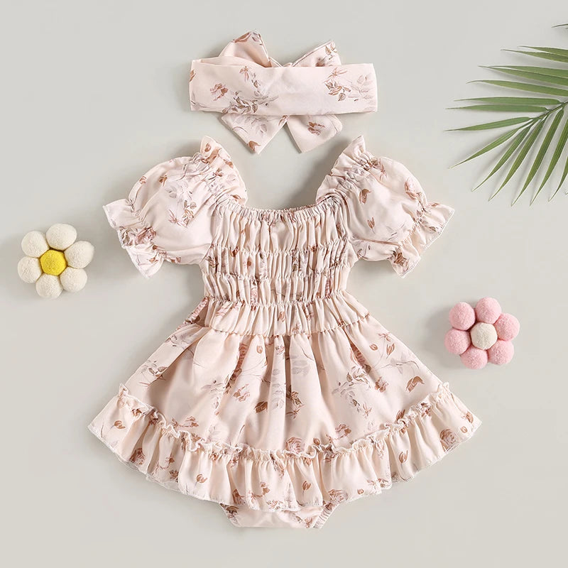 Floral Print Ruffle Romper with Matching Bow