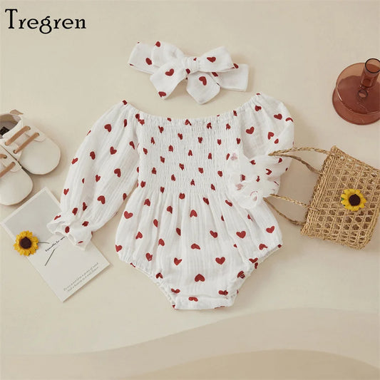 White and Red Heart Print Romper and Headband