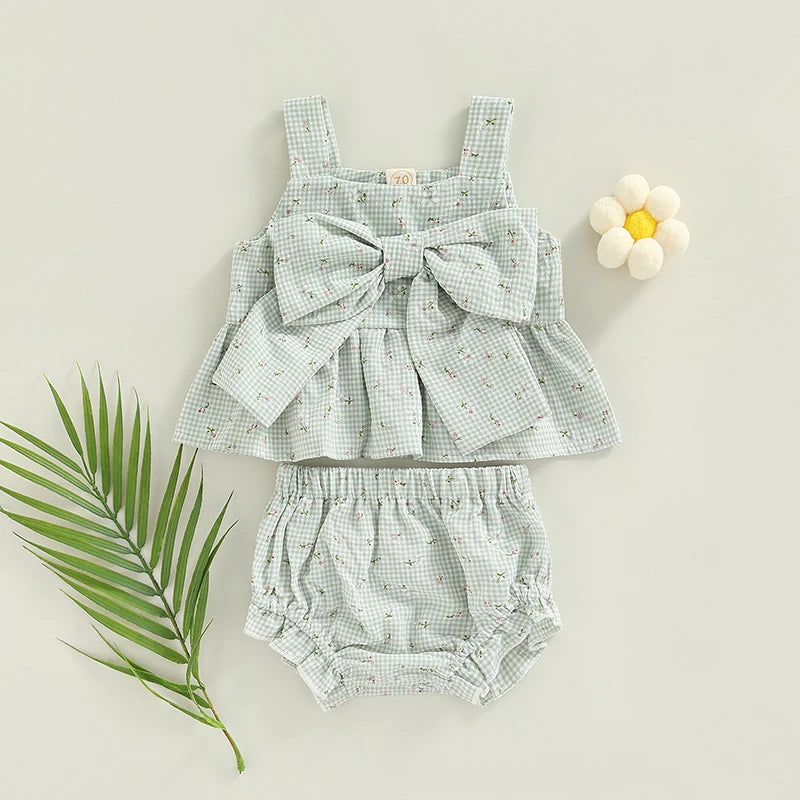 Floral Printed Bowknot Top & Shorts Set