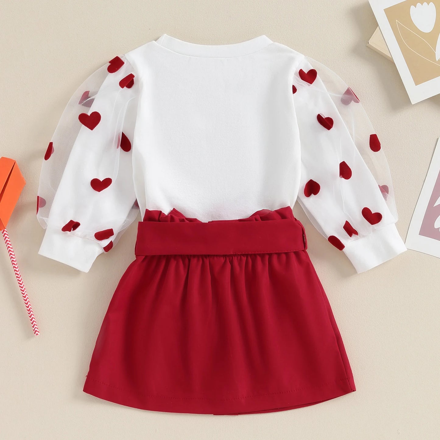 White Heart Top with Mesh Sleeves and Red Skirt