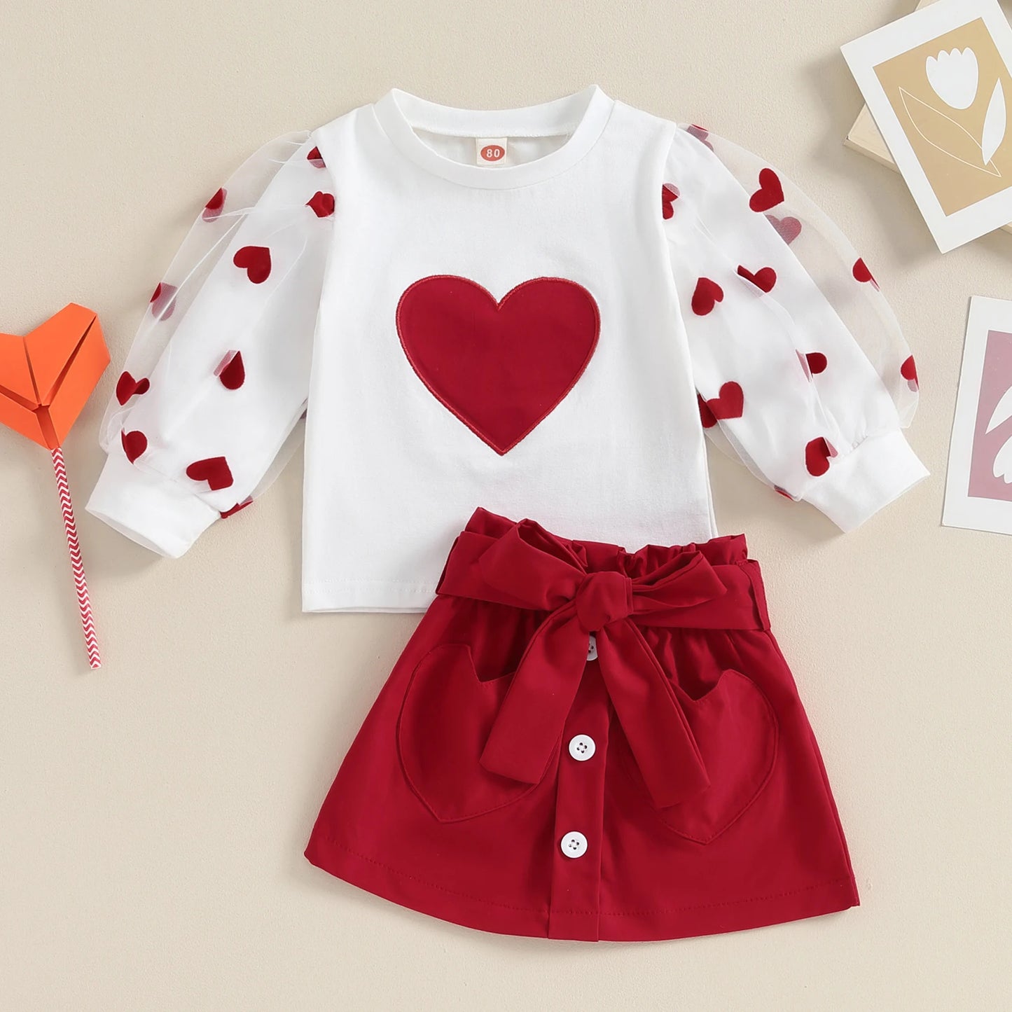 White Heart Top with Mesh Sleeves and Red Skirt