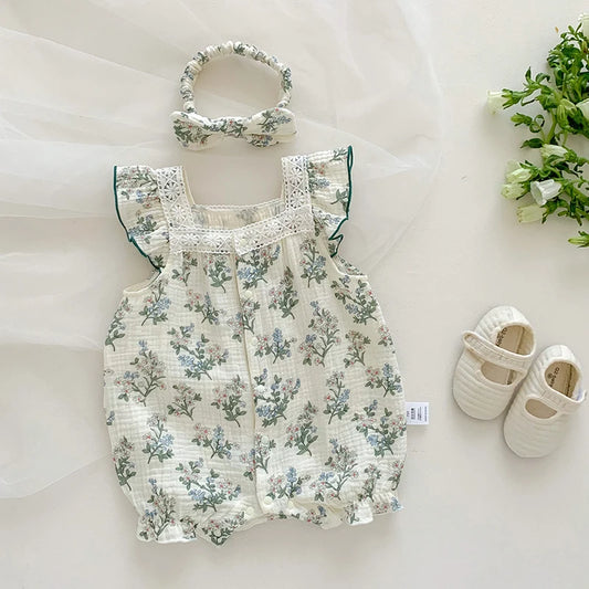 Green Floral Romper with Hairband