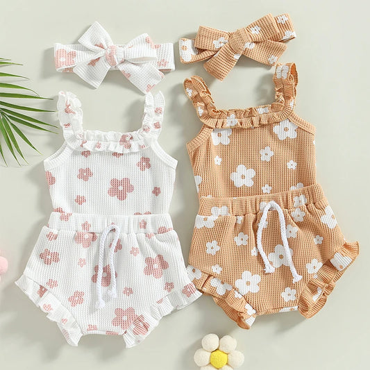 Floral Print Ribbed Bodysuit, Shorts & Headband Set