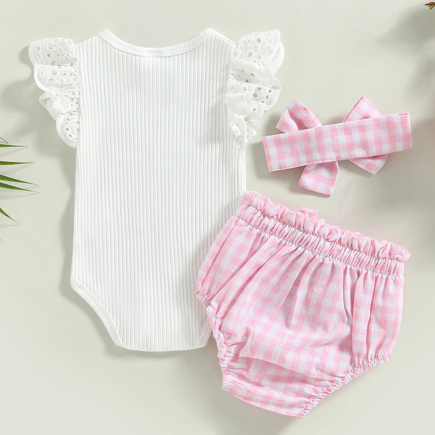 Pink Plaid Bow Shorts, Bodysuit & Headband Set