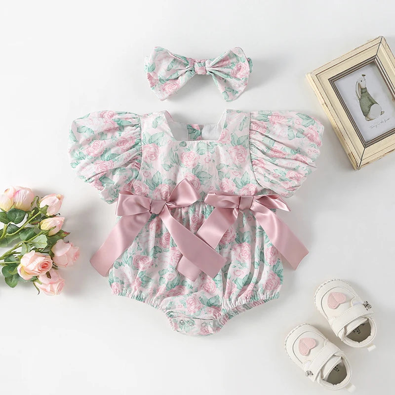 Rose Print Romper With Headband