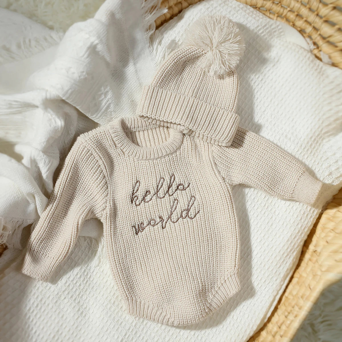 Hello World Chunky Knit Romper and Hat Set