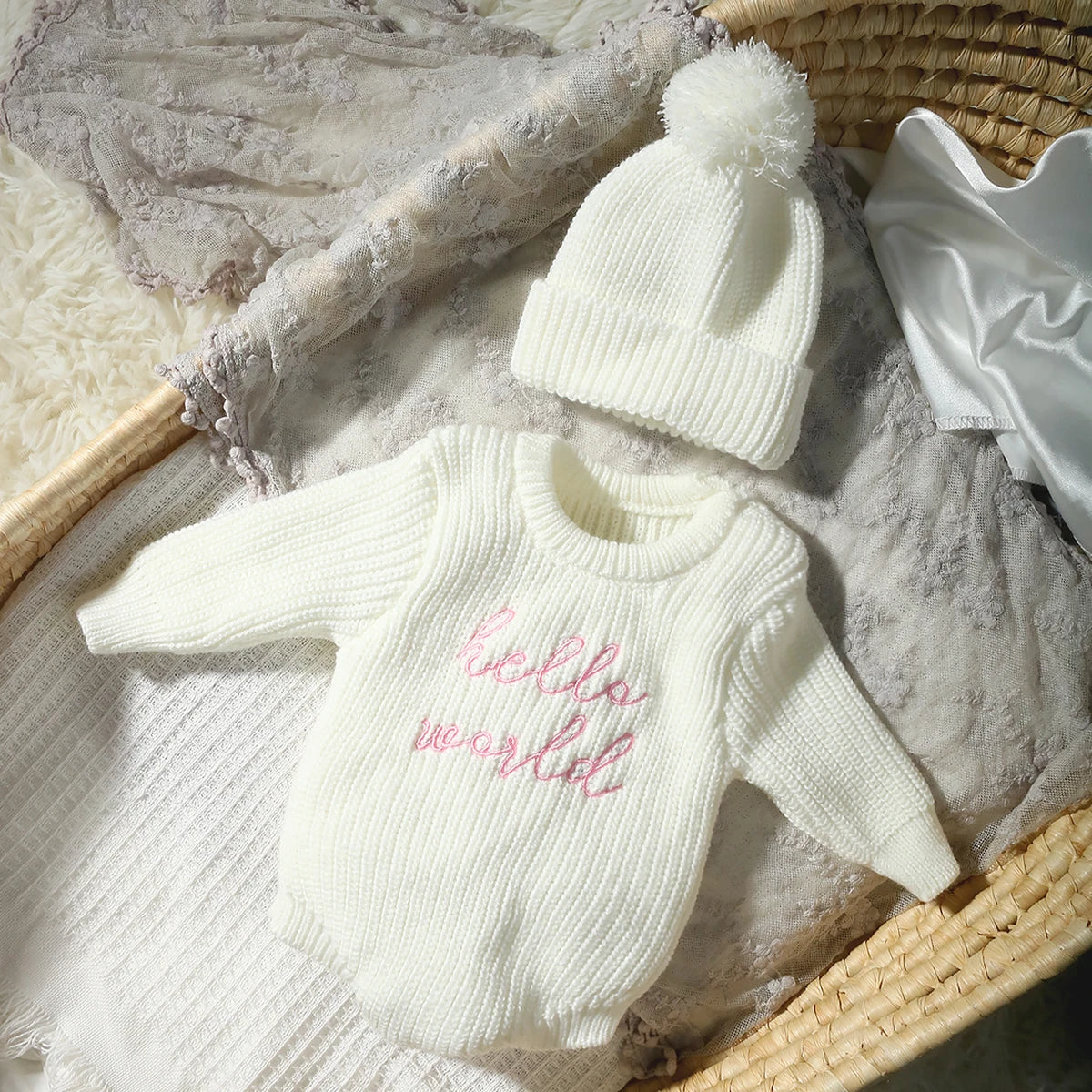 Hello World Chunky Knit Romper and Hat Set