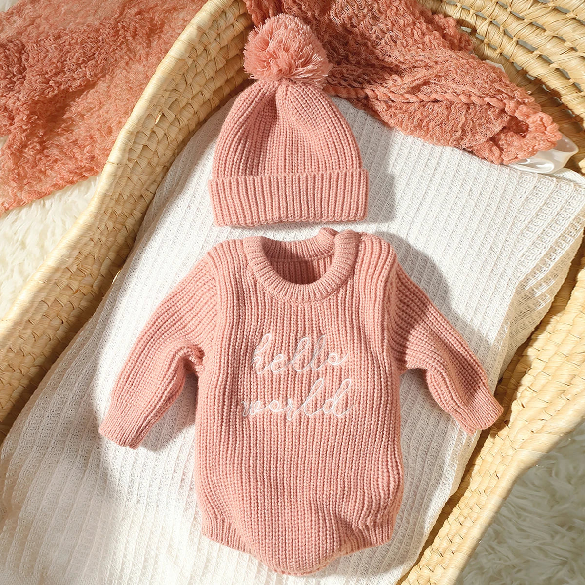 Hello World Chunky Knit Romper and Hat Set