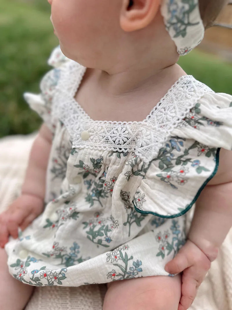 Green Floral Romper with Hairband