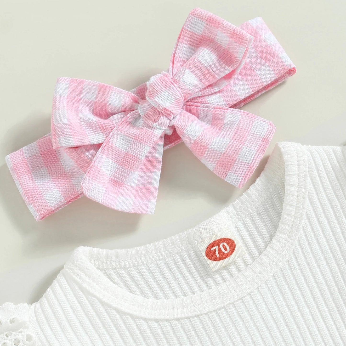 Pink Plaid Bow Shorts, Bodysuit & Headband Set