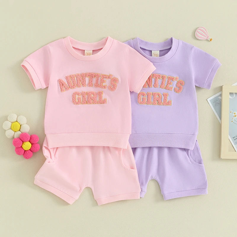 Aunties Girl Embroidery Short Sleeve T-Shirt & Shorts Set