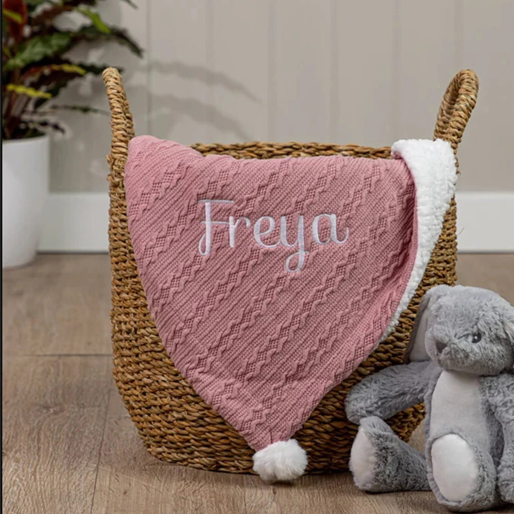 Personalised Knitted Baby Pram Blanket with Pom Poms