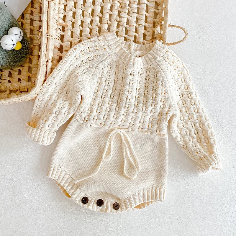 Beige Knitted Hollow Out Romper