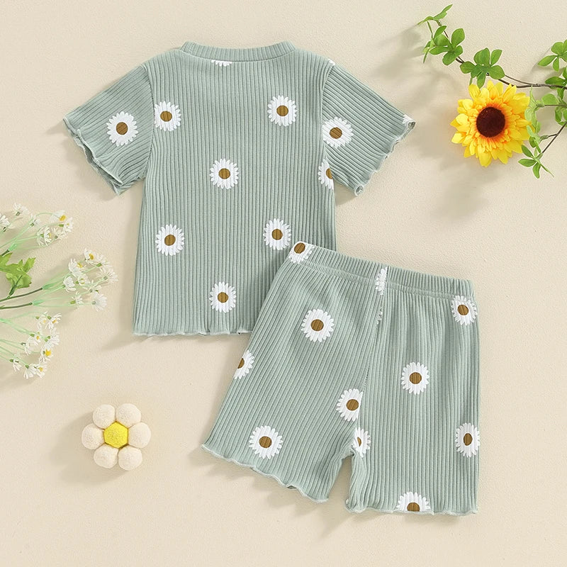 Flower / Butterfly Print Ribbed Shorts & T-Shirt Set