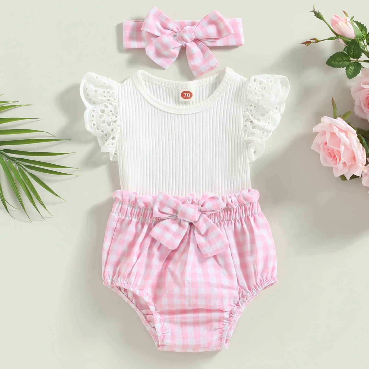 Pink Plaid Bow Shorts, Bodysuit & Headband Set