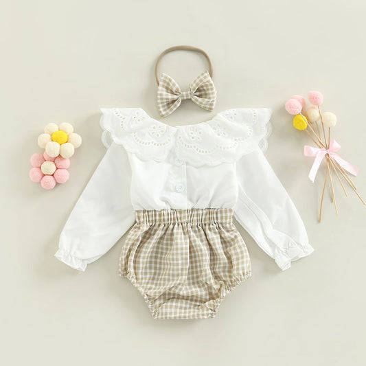 Baby Girl Cream Plaid Outfit & Headband