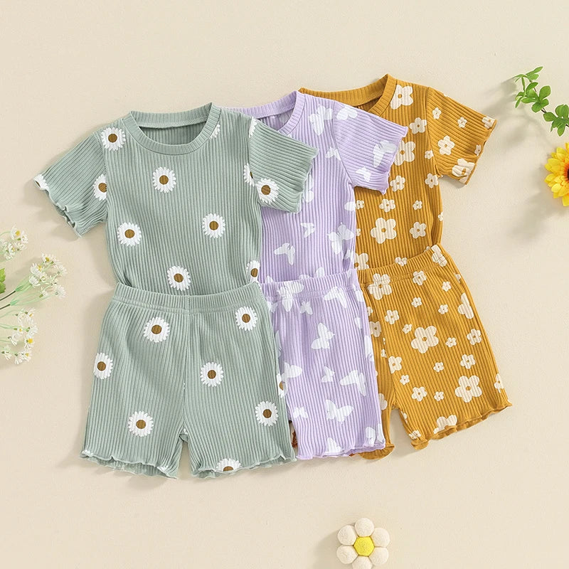 Flower / Butterfly Print Ribbed Shorts & T-Shirt Set