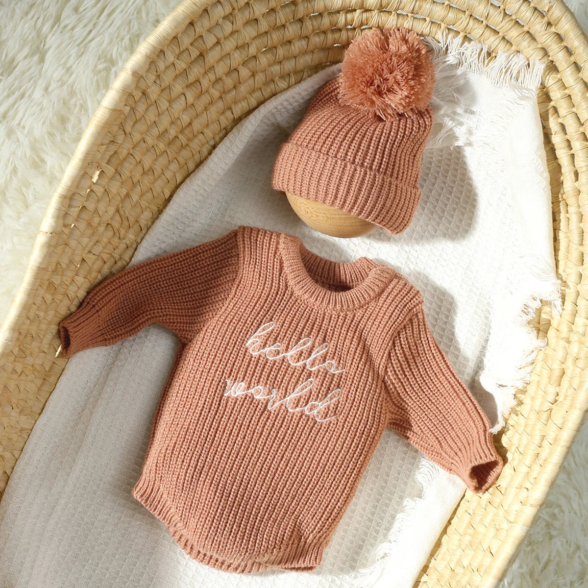 Hello World Chunky Knit Romper and Hat Set