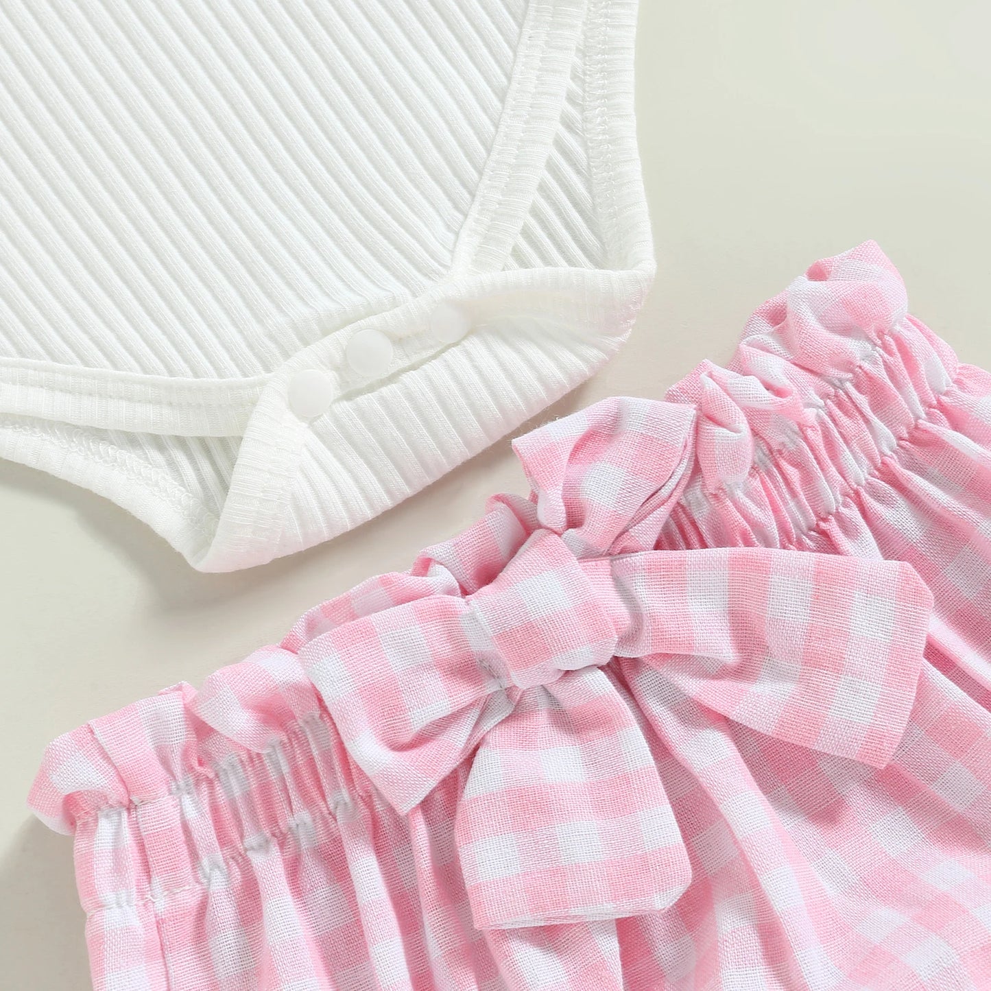 Pink Plaid Bow Shorts, Bodysuit & Headband Set