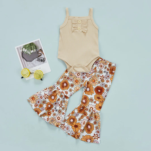 Ribbed Bodysuit with Floral Flared Pants Set