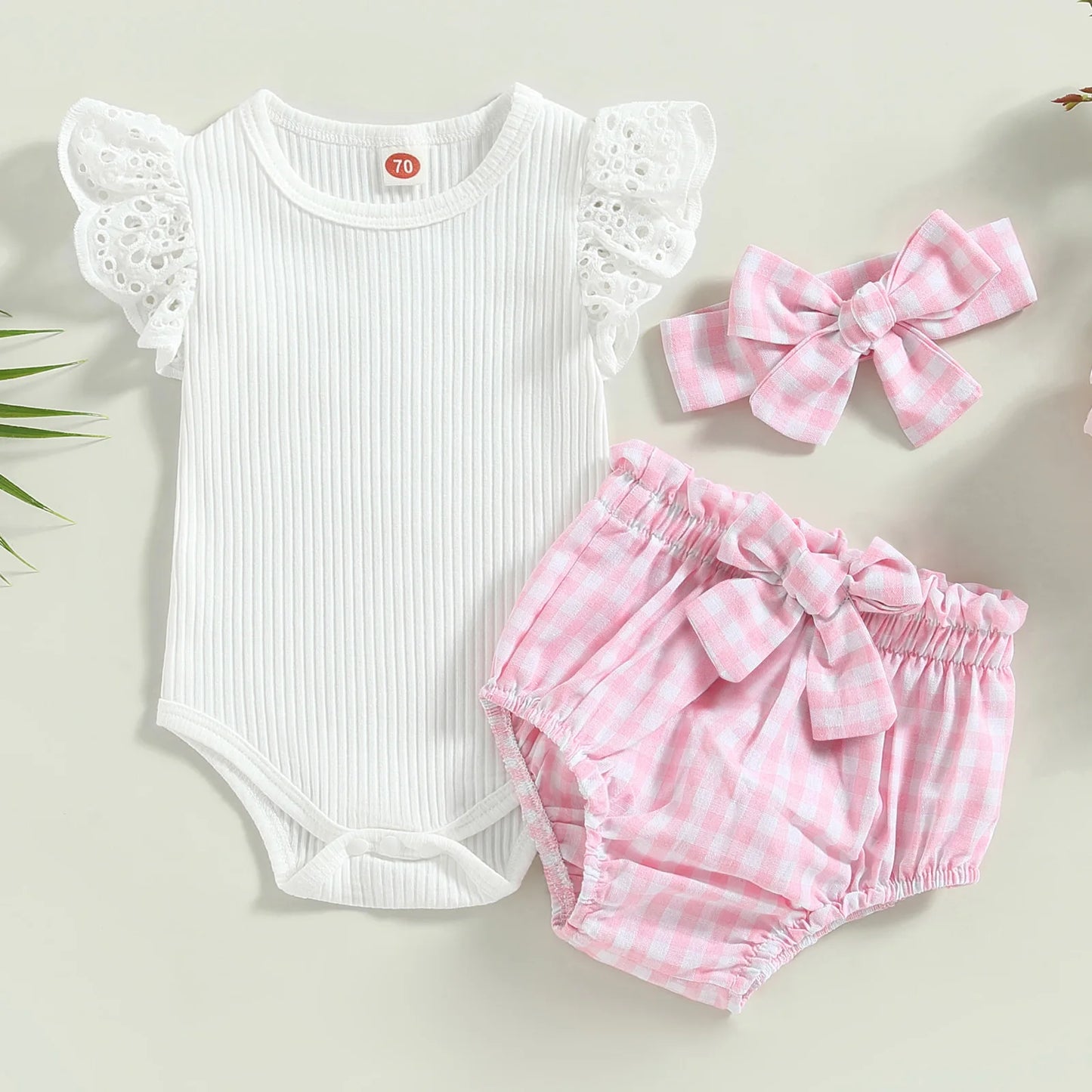 Pink Plaid Bow Shorts, Bodysuit & Headband Set