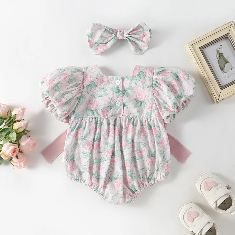 Rose Print Romper With Headband